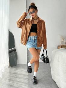 SHEIN EZwear 落肩袖拉鏈開襟PU皮革外套 - 棕色 - 查看 3