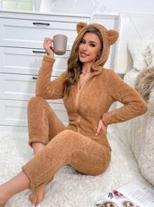 3D Ear Design Hooded Zipper Front Flannel Sleep Jumpsuit - Coffee Brown - View 1