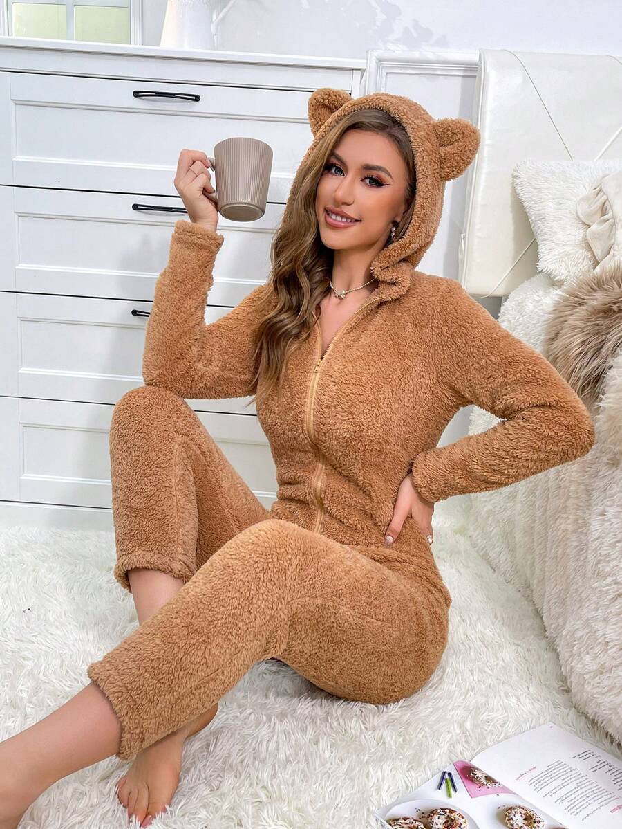 3D Ear Design Hooded Zipper Front Flannel Sleep Jumpsuit - Coffee Brown - View 1