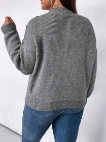 SHEIN LUNE 大碼紐扣細節小高領落肩袖套頭毛衣 - 灰色 - 查看 2