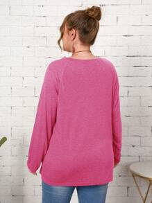 EMERY ROSE 大碼裝飾鈕扣插肩袖T恤 - 玫紅色 - 查看 2