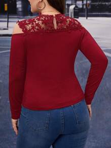 SHEIN Clasi Blusa con encaje de guipur y hombros al descubierto talla grande - Burdeos - Ver 2