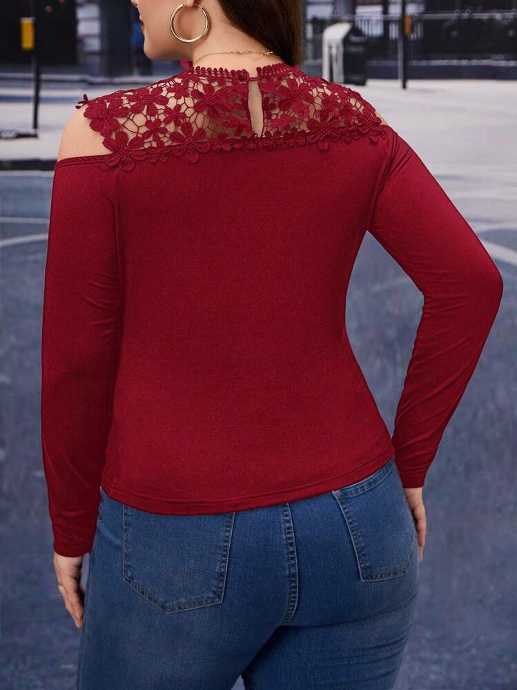 SHEIN Clasi Blusa con encaje de guipur y hombros al descubierto talla grande - Burdeos - Añade 2