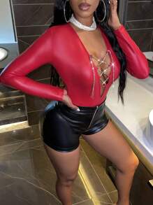 Slaydiva Lace Up Front PU Leather Bodysuit - Red - View 4