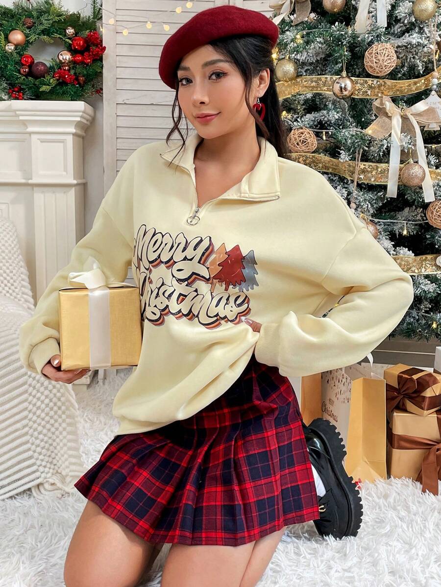SHEIN Unity 女式圣诞印花保暖长袖运动衫 - 杏色 - 查看 1