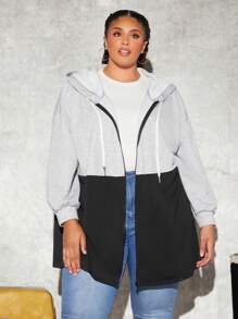 SHEIN CURVE+ Áo nỉ hai tông màu cỡ lớn, vai rớt, có dây rút - Đen và trắng - Xem 3