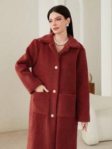 Modelyn 雙口袋前紐扣搖粒絨外套 - 酒紅色 - 查看 3
