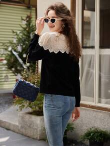 Contrast Lace Button Front Cardigan - Black - View 2