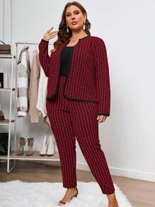 SHEIN Clasi Plus Houndstooth Print Open Front Jacket & Pants - Red - View 5