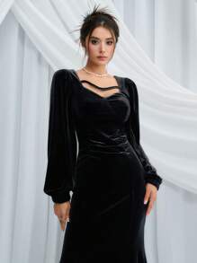 DAZY Vestido de terciopelo con cuello de corazón, mangas farol y bajo de cola de sirena, con volantes, vestido de otoño y vestido de graduación - Negro - Ver 3