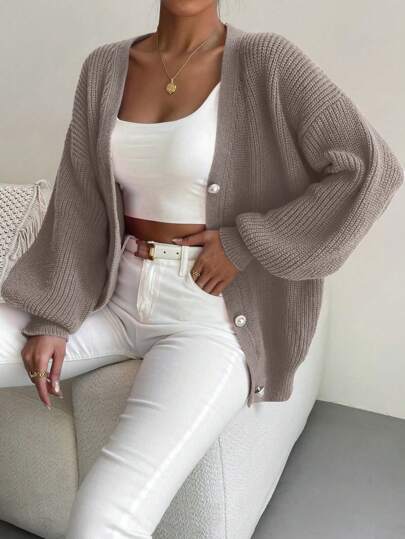 Chiquease Drop Shoulder Button Front Cardigan,Long Sleeve Tops