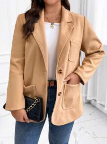 SHEIN LUNE Plus Lapel Neck Pocket Patched Overcoat Winter Fall Autumn - Camel - View 4