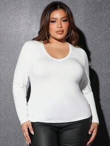 SHEIN SXY 大碼素色大圓領T恤 - 白色 - 查看 3