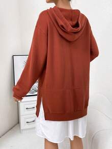 SHEIN Maternity 1pc Two Tone Drop Shoulder Drawstring Hooded Nursing Dress - Brown - View 2