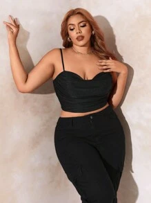 SHEIN SXY Plus Draped Collar Ruched Cami Top - Black - View 1