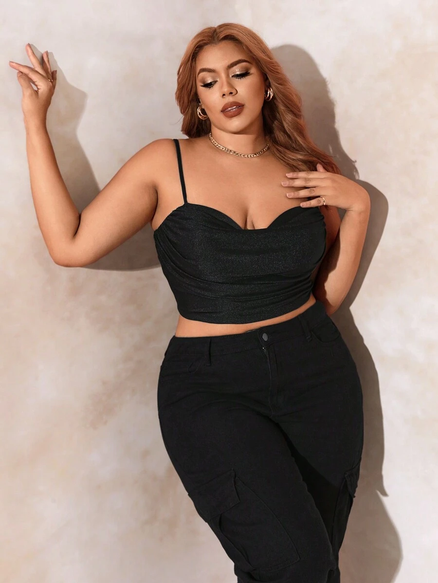 SHEIN SXY Plus Draped Collar Ruched Cami Top - Black - View 1