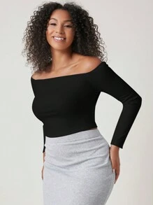SHEIN BASICS Plus Solid Off Shoulder Crop Tee - Black - View 6