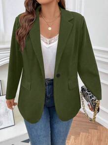 SHEIN Franclia Plus Lapel Neck Single Button Blazer - Olive Green - View 4