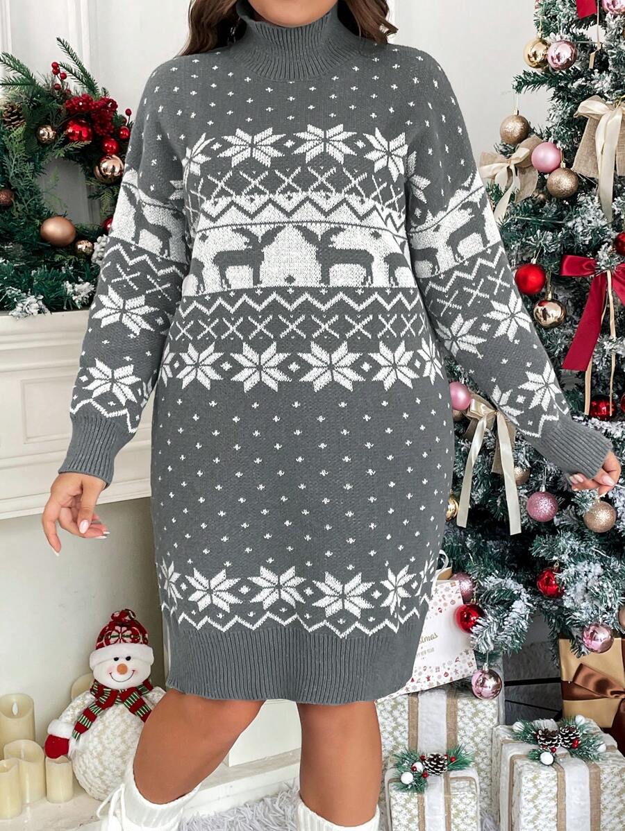 SHEIN Frenchy Plus Christmas Pattern High Neck Drop Shoulder Sweater Dress - Grey - View 1