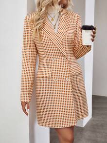 SHEIN Privé Gingham Print Double Breasted Blazer - Khaki - View 3