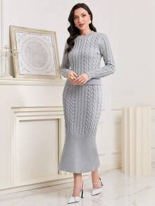 Modelyn Cable Knit Sweater & Mermaid Hem Knit Skirt - Light Grey - View 4