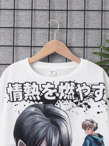 SHEIN Cậu bé Tween Đồ họa chữ & hình trong tiếng Nhật Thả vai Áo chui đầu - trắng - Xem 3