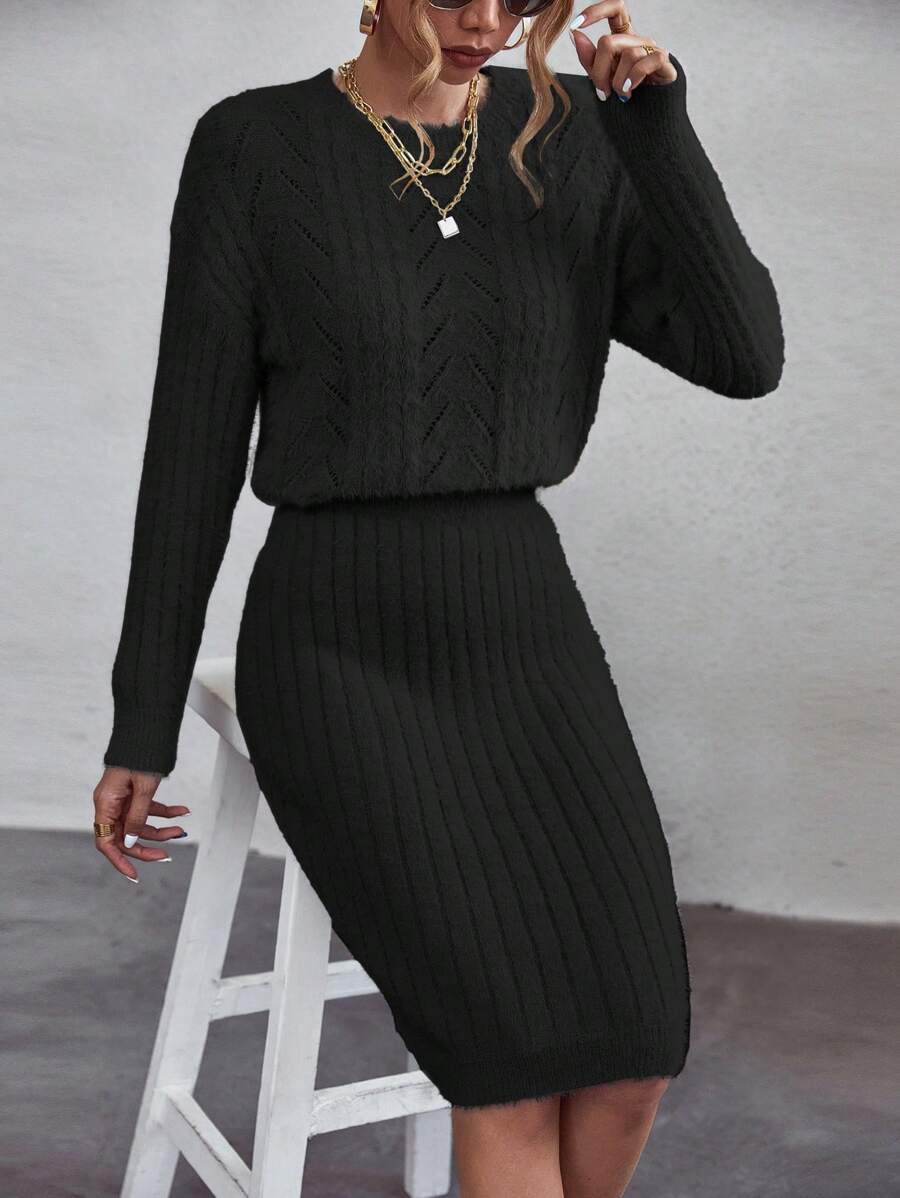 Chiquease 素色落肩袖毛衣洋裝 - 黑色 - 查看 1