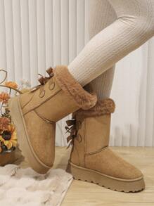Hàng mới đến 2023 Mùa Đông Đế dày Giữa bắp chân Bốt Tuyết Đối với phụ nữ , Trang trí Nơ , Plush ấm áp Lót , Kích thước lớn Có sẵn - màu nâu - Xem 2