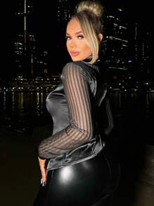 SHEIN SXY 網紗拼接褶邊前紐扣襯衫 - 黑色 - 查看 4