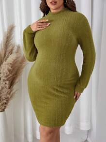 SHEIN Maternidad Talla grande Vestido ajustado unicolor - Verde militar - Ver 4