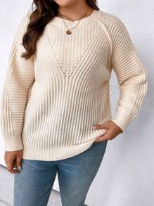 SHEIN LUNE Hơn Tay Raglan Đồ đan Ribbed Áo len - Màu be - Xem 3