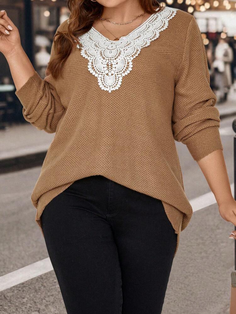 Plus Size Lace Spliced Sweater