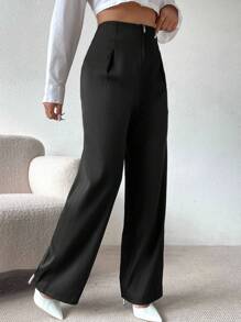 Firerie High Waist Fold Pleated Straight Leg Pants - Black - View 3
