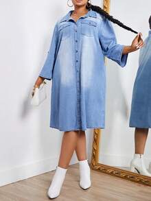 SHEIN SXY Plus Roll Up Sleeve Flap Pocket Button Front Denim Dress - Light Wash - View 4