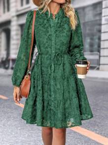 SHEIN LUNE Lantern Sleeve Ruffle Hem Belted Fuzzy Shirt Dress - Green - View 5