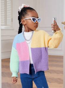 Chica Joven Cárdigan de plumero de color combinado de hombros caídos - Multicolor - Ver 4