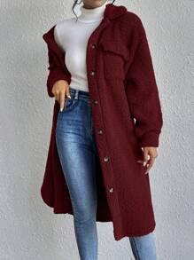 Chiquease Drop Shoulder Flap Detail Teddy Coat - Burgundy - View 5