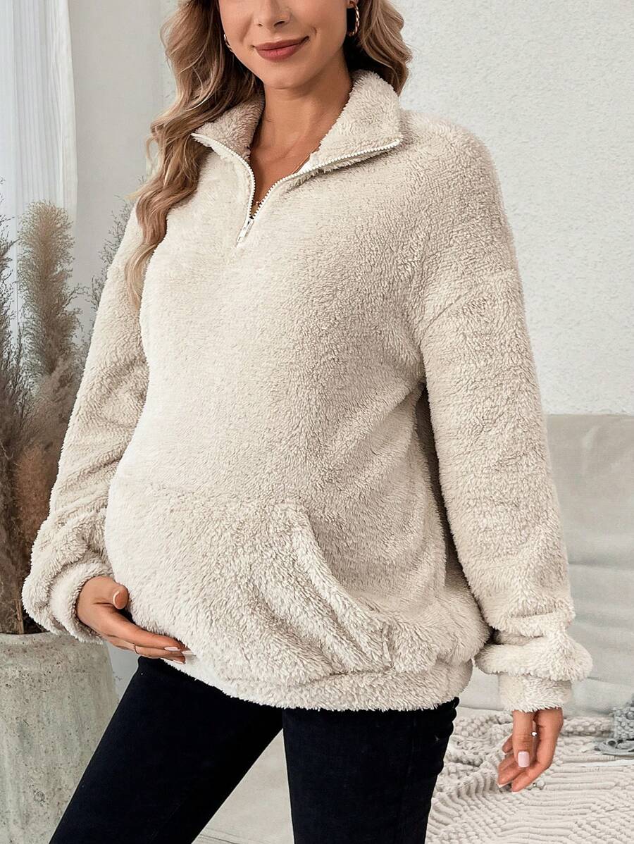 SHEIN Áo nỉ hở vai có khóa kéo nửa túi Kangaroo dành cho bà bầu, dùng cho mùa đông - Màu be - Xem 1