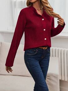 SHEIN LUNE 落肩袖前紐扣開襟衫 - 紅色 - 查看 3