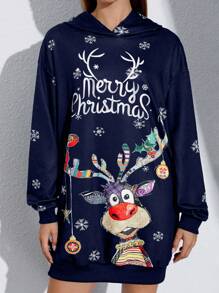 SHEIN Unity 聖誕圖案落肩袖連帽洋裝 - 藏蓝色 - 查看 4