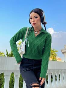 SHEIN Unity Áo len dệt kim dáng ngắn màu trơn, thích hợp cho mùa thu đông. - Màu xanh lá cây đậm - Xem 1