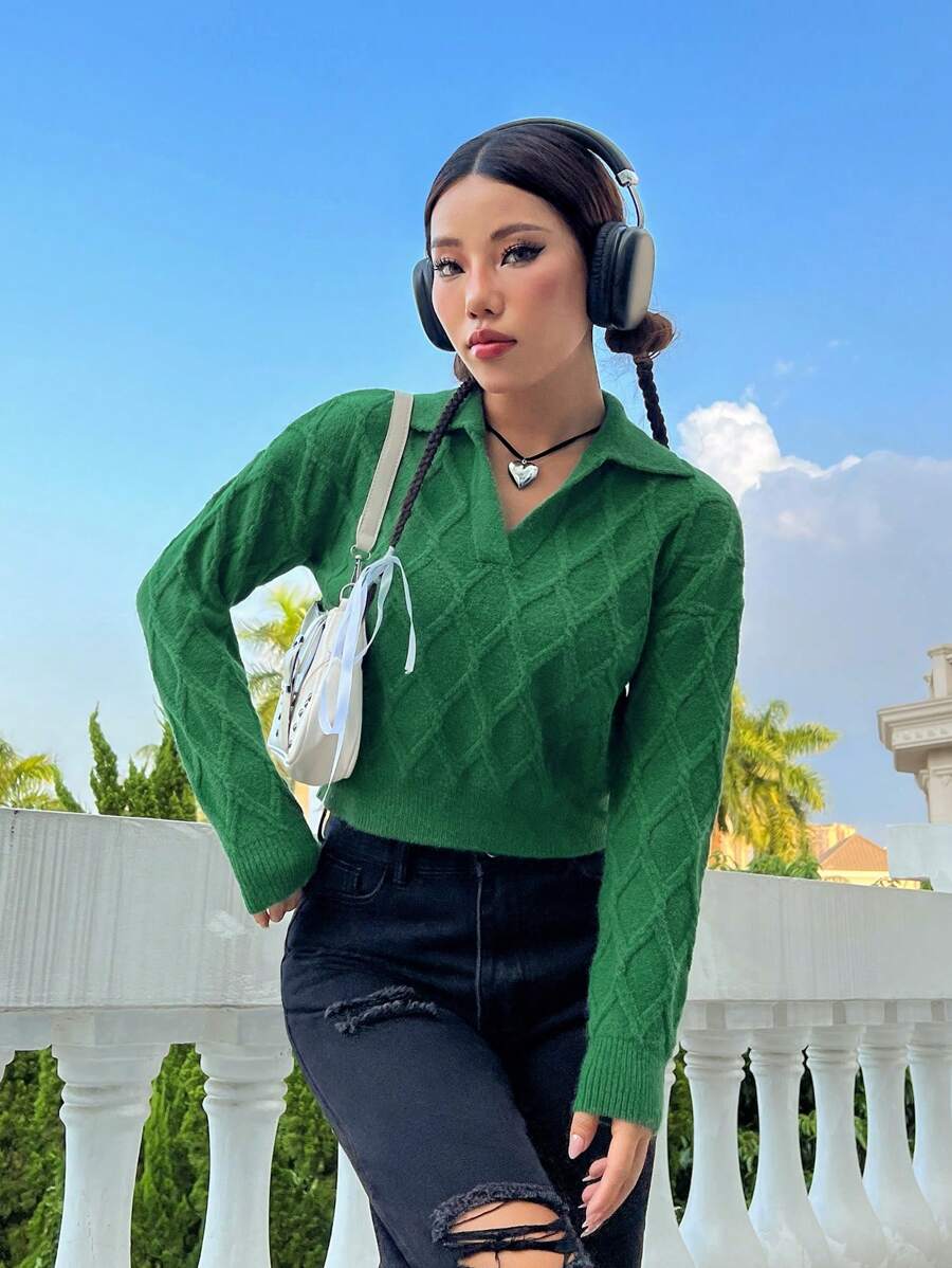 SHEIN Unity Áo len dệt kim dáng ngắn màu trơn, thích hợp cho mùa thu đông. - Màu xanh lá cây đậm - Xem 1