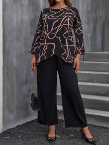 EMERY ROSE Plus Graphic Print Asymmetrical Hem Top & Wide Leg Pants - Black - View 1