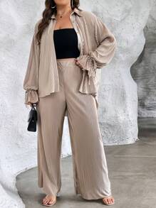 SHEIN Privé Plus Knot Cuff Shirt & Wide Leg Pants - Khaki - View 5