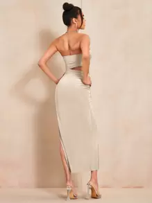 SHEIN BAE 鏤空高衩抹胸洋裝 - 杏色 - 查看 2