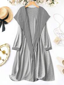 SHEIN LUNE 大碼條紋印花大翻領開門襟外套 - 淺灰色 - 查看 1