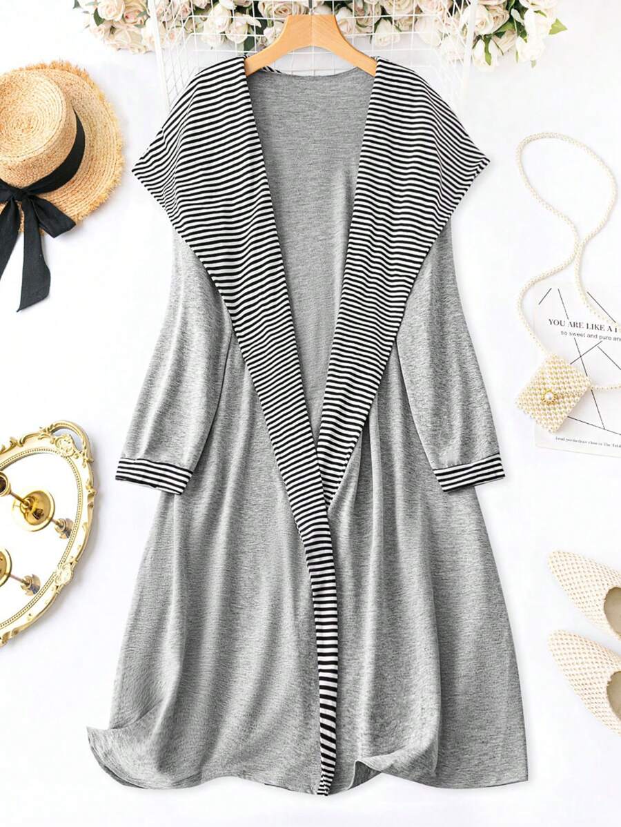 SHEIN LUNE 大碼條紋印花大翻領開門襟外套 - 淺灰色 - 查看 1