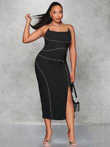 SHEIN BAE 大碼水鑽細節高衩吊帶洋裝 - 黑色 - 查看 6
