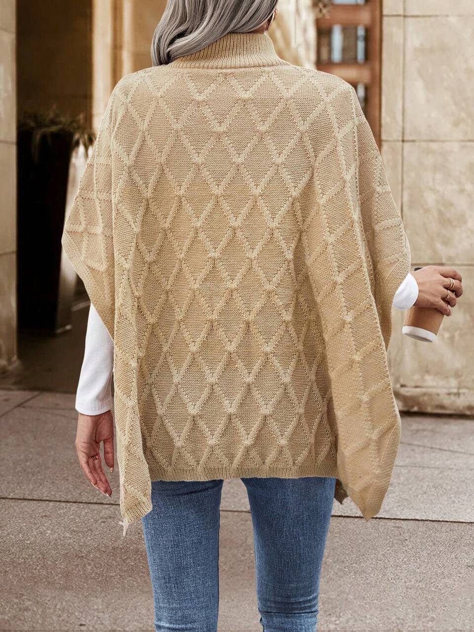 1pc Mock Neck Batwing Sleeve Poncho Knit Pullover Fall Winter Sweater