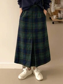 DAZY 女士百搭复古格子印花半身裙 - 綠色 - 查看 1